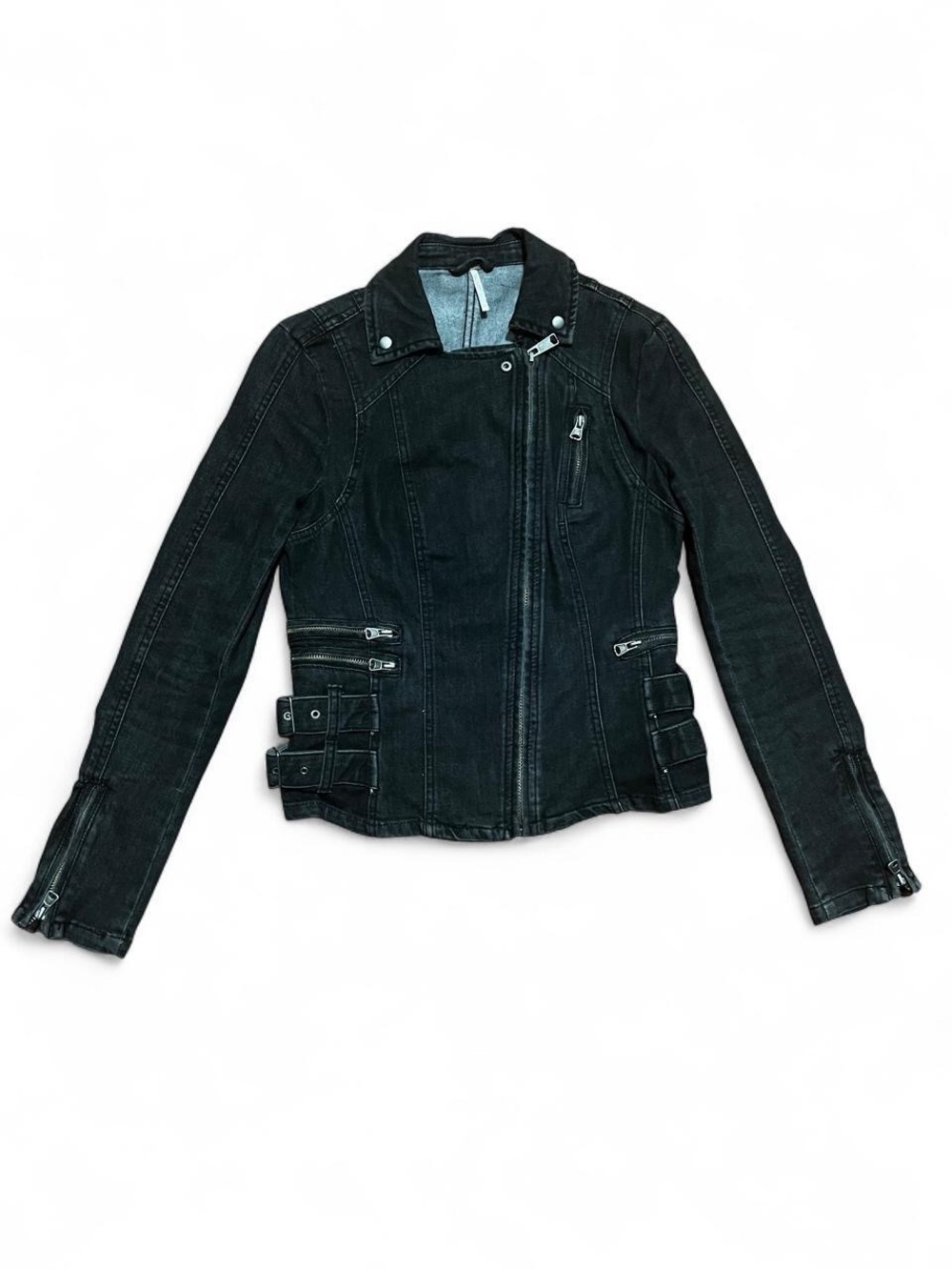 Free People Black Biker-Style Jacket with Zip Details
